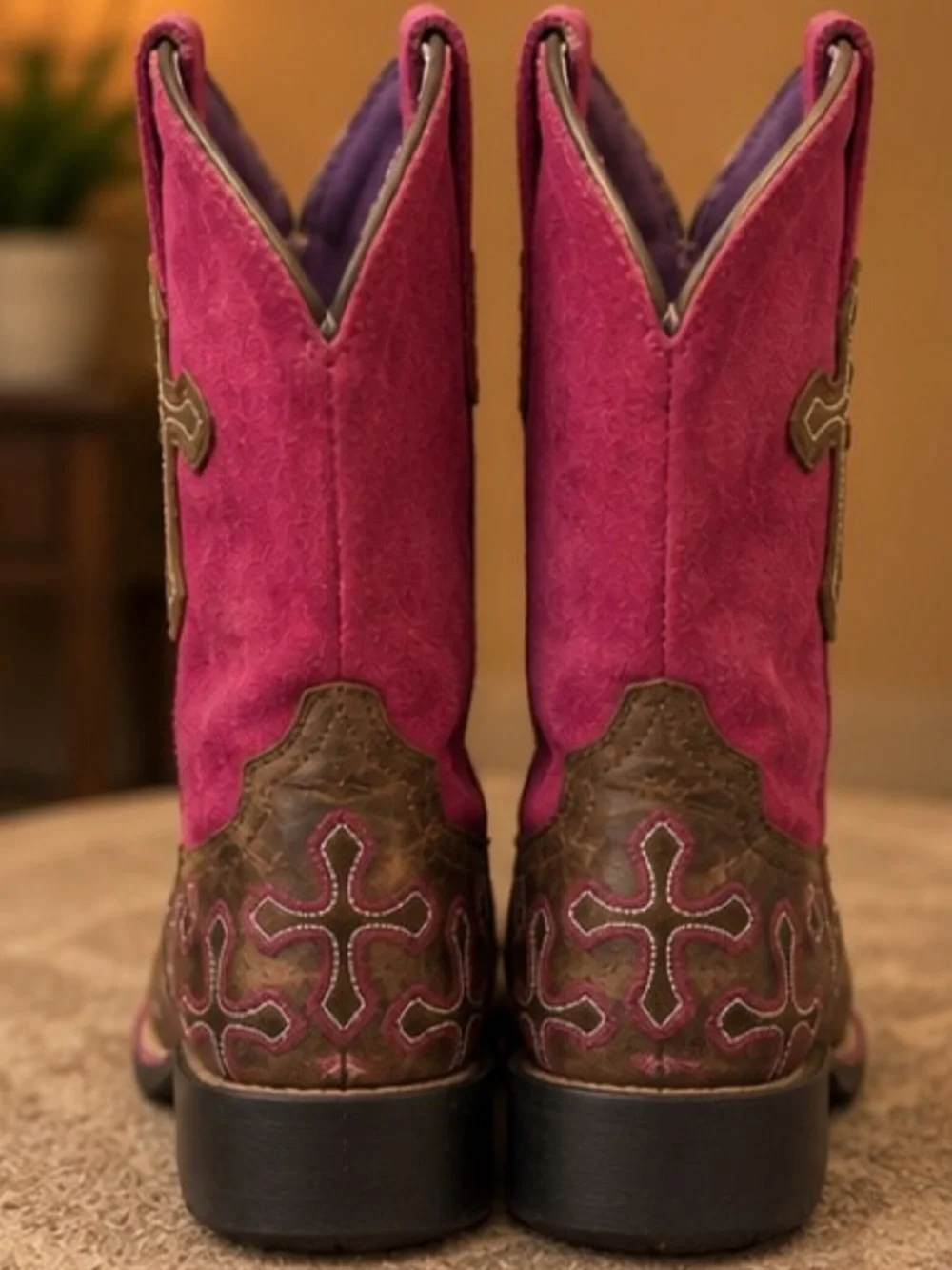 Ariat Girls Fuchsia Pink Brown Cross Western Cowboy Boots Youth Size 4
